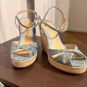 Authentic Gucci Blue Patterned Wedge Sandals